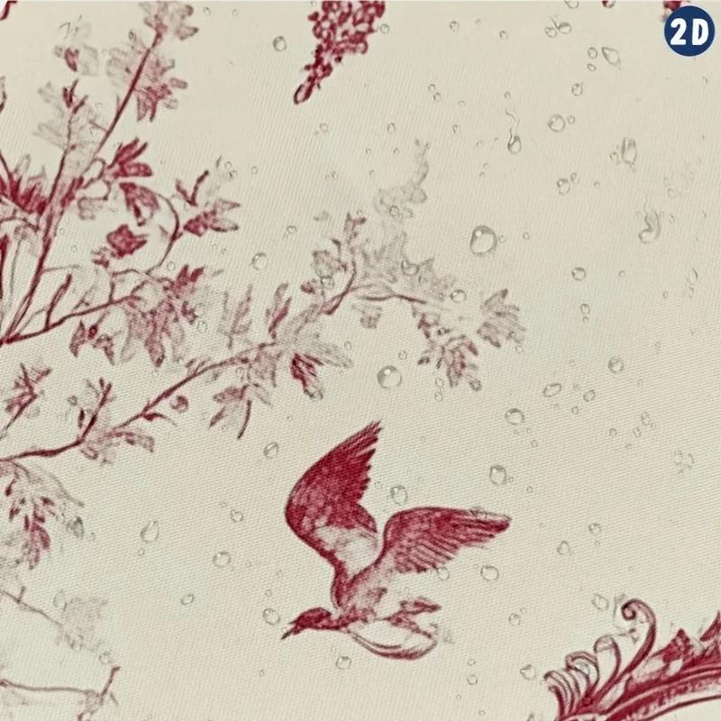 Elegant French Toile De Jouy Shower Curtain, Red Floral Chandeliers & Birds Design, Easy Clean For Bathroom Or Window Decor