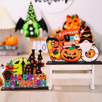 Wooden Halloween Ghost Pumpkin Figurine, Rustic Table Decor for Home Party, Spooky Shelf Decoration for Fall