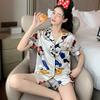 2Stk/Set Damen Pyjama Eis Seide Kurzarm Simulationsseide Studenten Homewear Cardigan Kurzarm Shorts Kleidung Damen