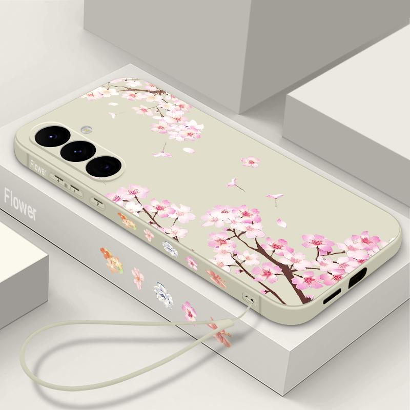 Peach Blossom Patterned Silicone Phone Case For Samsung Galaxy A17 A56 A36 A55 A16 A15 5G A35 A54 A26 A14 Soft TPU Lanyard Cover