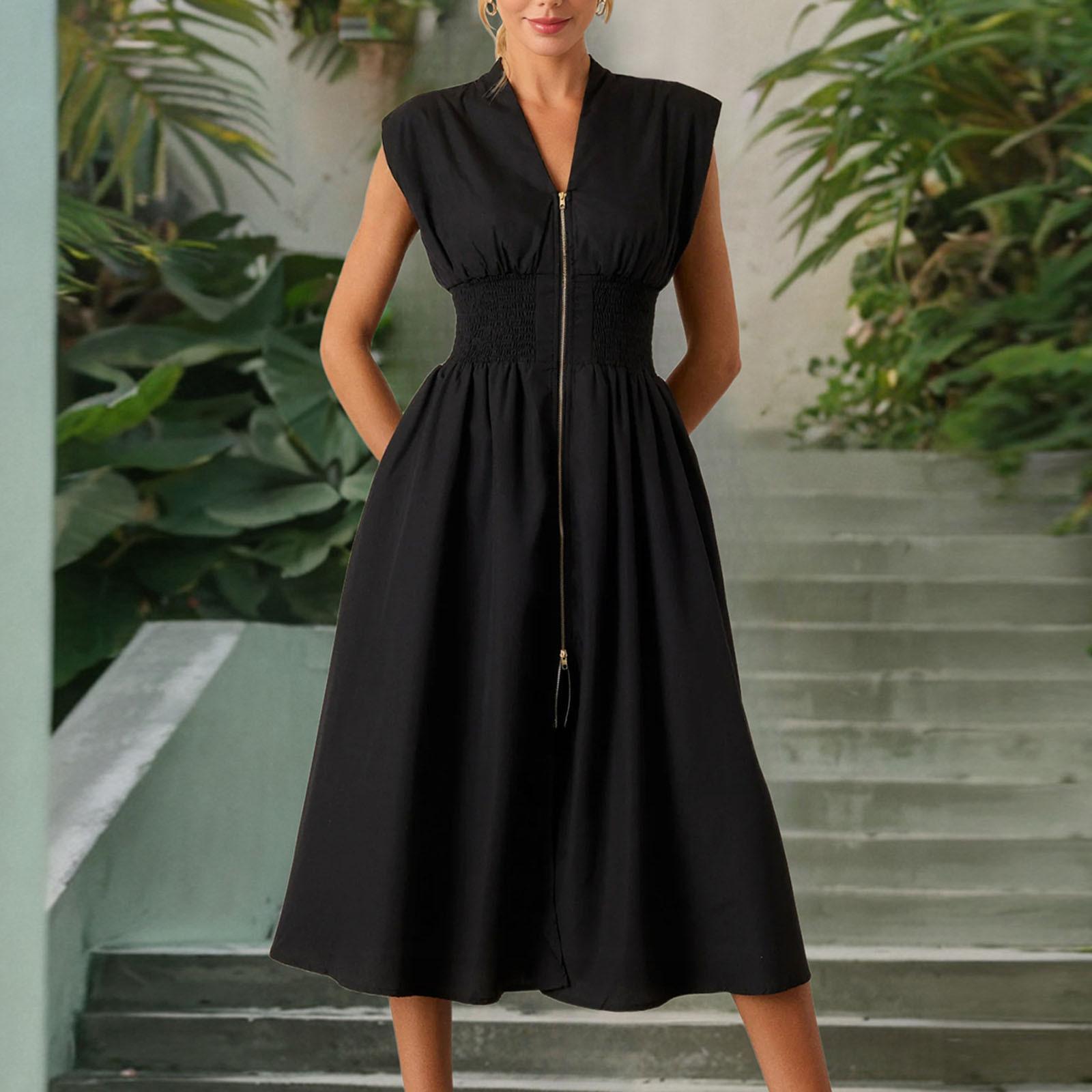 Women s Fashion Sexy Waisted V-Neck Pleated Zip Closure Colour Dresses L