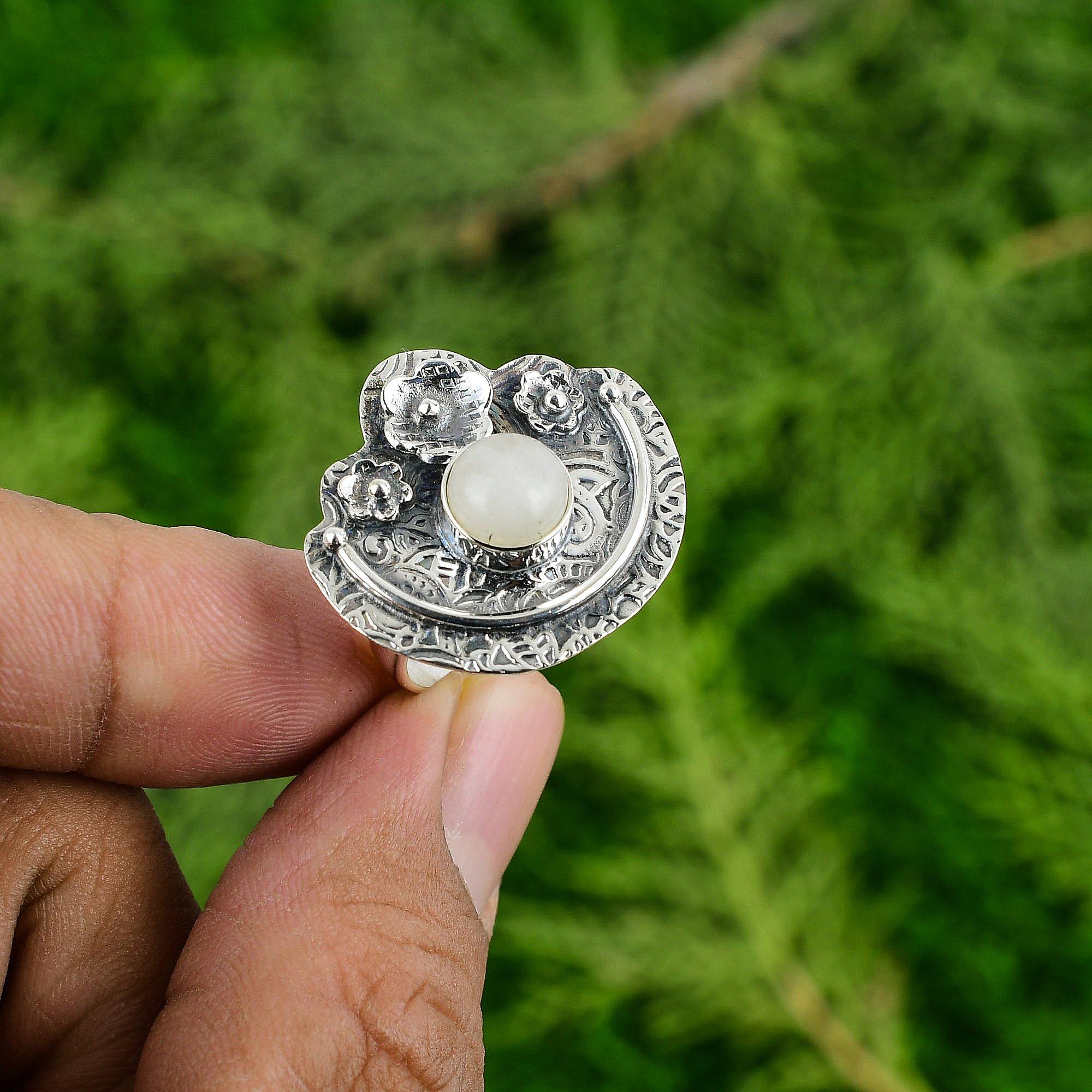 

Natural Rainbow Moonstone Statement Flower Adjustable Ring 925 Silver For Women Adjustable