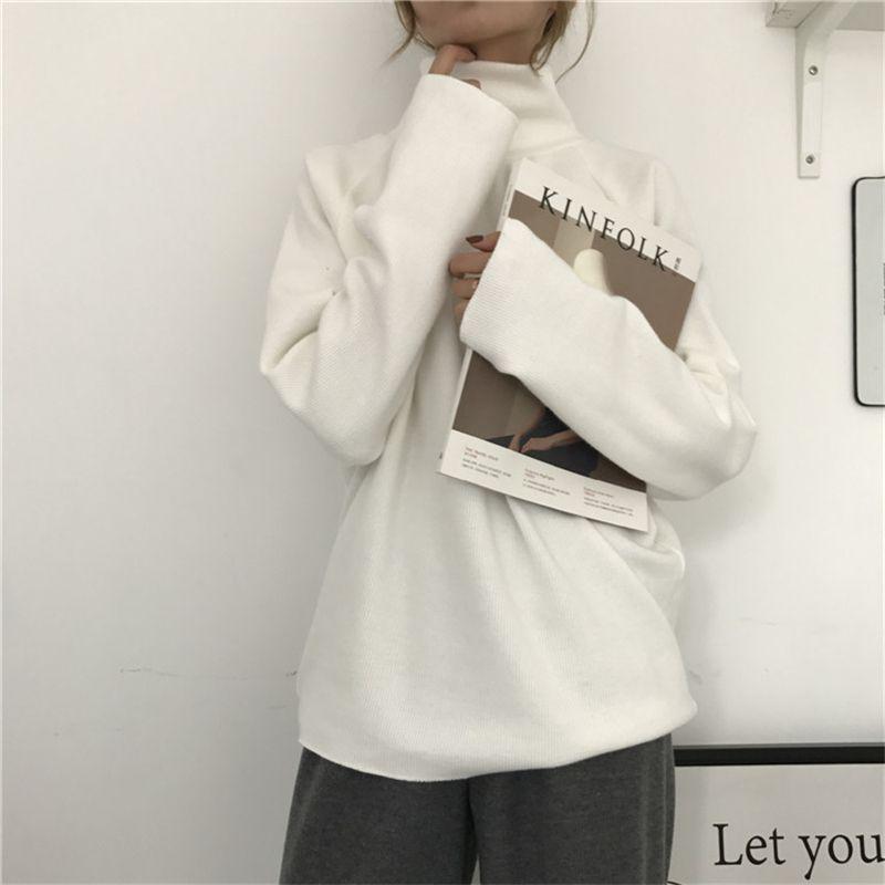 Women's Half-High Neck Fleece T-Shirt - Brushed, Warm, Loose Fit for Autumn/Winter.