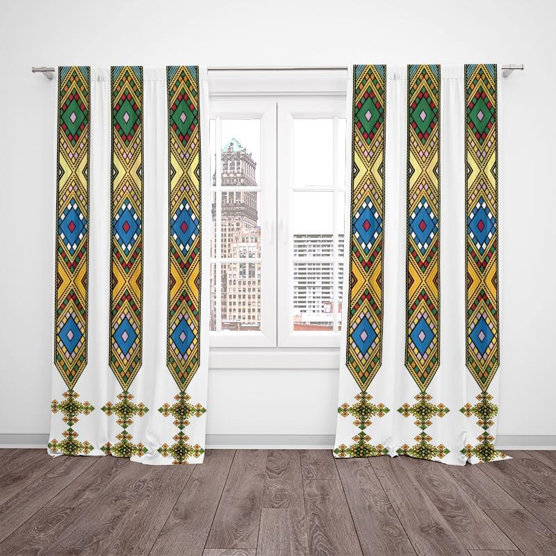 1 set of 2 pieces, purple-colored geometric rhombus patterned Ethiopian-style printed curtains, living room furniture decoration