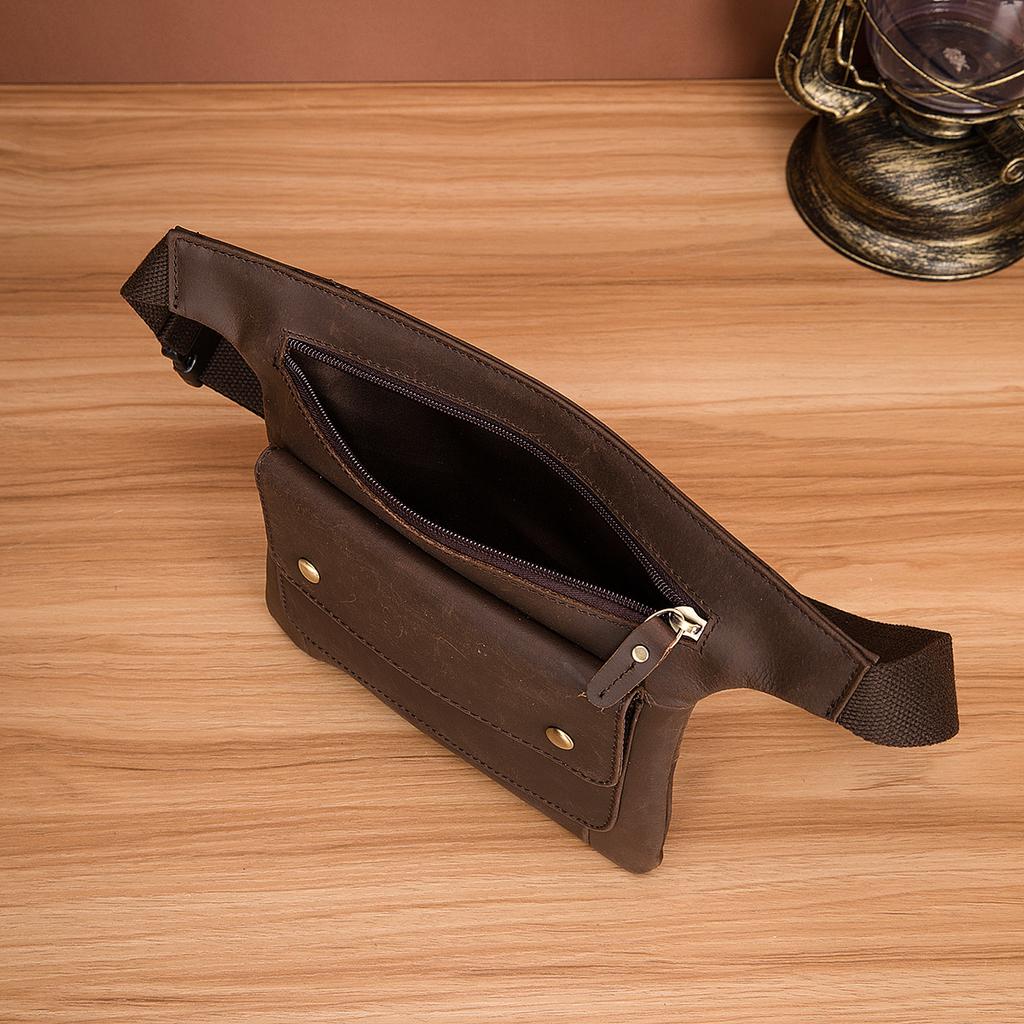 Crazy Horse Leather Men's Vintage Travel Fanny Waist Belt Bag Pack Satchel Sling Bag Design Phone Cigarette Case Pouch Male