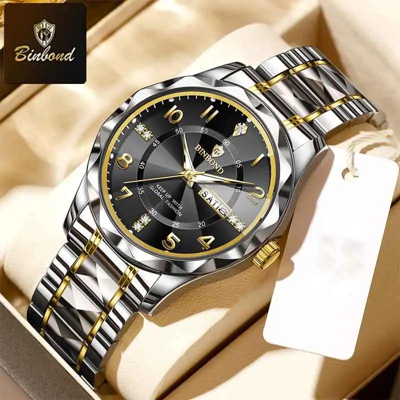 BINBOND New Men Watch Rhombus Mirror Original Quartz Watch for Man Waterproof Luminous Stainless Steel Wristwatch Male Date Week