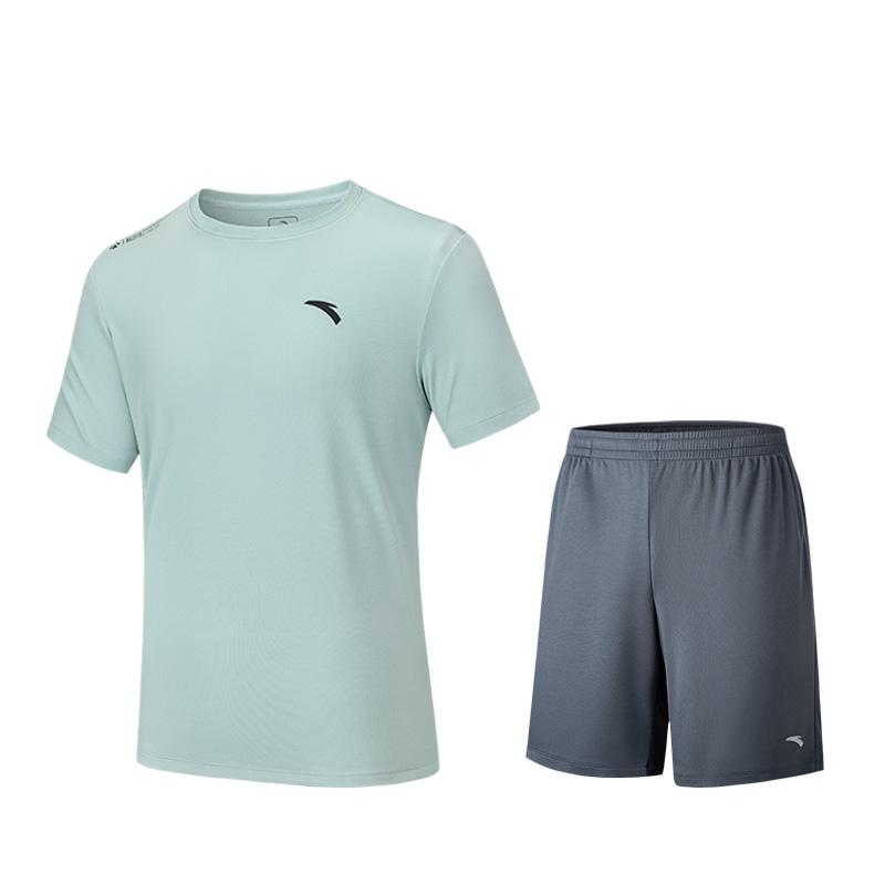 

Anta Однотонная футболка с круглым вырезом, удобная, дышащая, универсальная, с коротким рукавом и шорты со средней посадкой, повседневный спортивный комплект, мужской комплект, океанско-синий 952527202-2 M