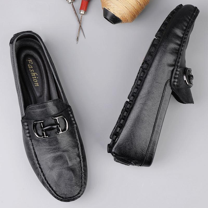 Fashion Comfy Leather Casual Shoes Fashion Style Men's Loafers Breathable Metal Buckle Moccasins Man Comfortable Business Slip On Flats