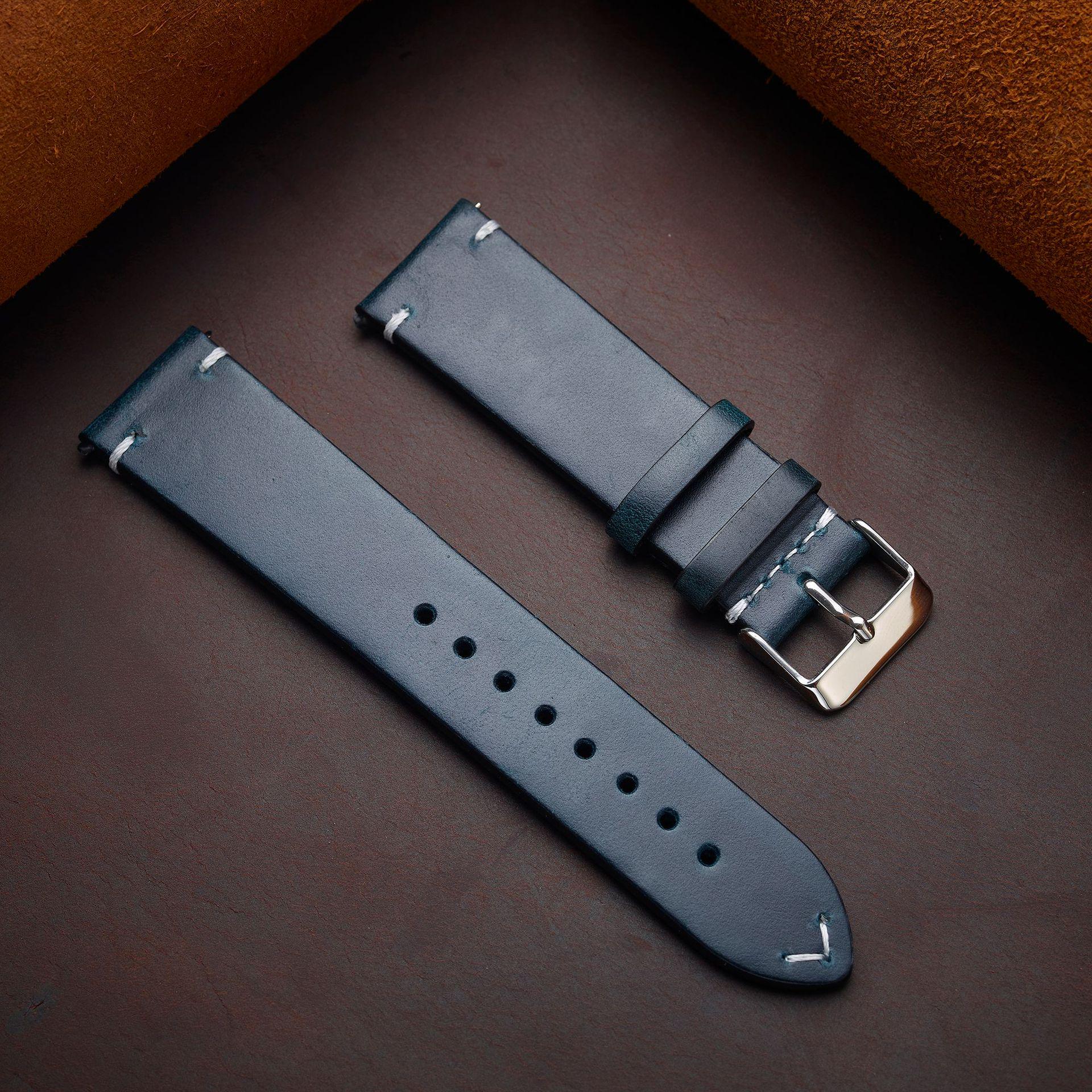 

Italian Retro Color-Changing Cowhide Watch Band, Ultra-Thin Genuine Leather with Quick Release, Available in Seven Colors 18mm Width темно-синий