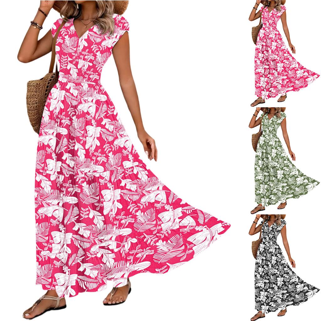 Women Vintage Floral Print V Neck Waist Cinched Short Sleeve Maxi Dress Casual Summer Long Dress for Daily Wear