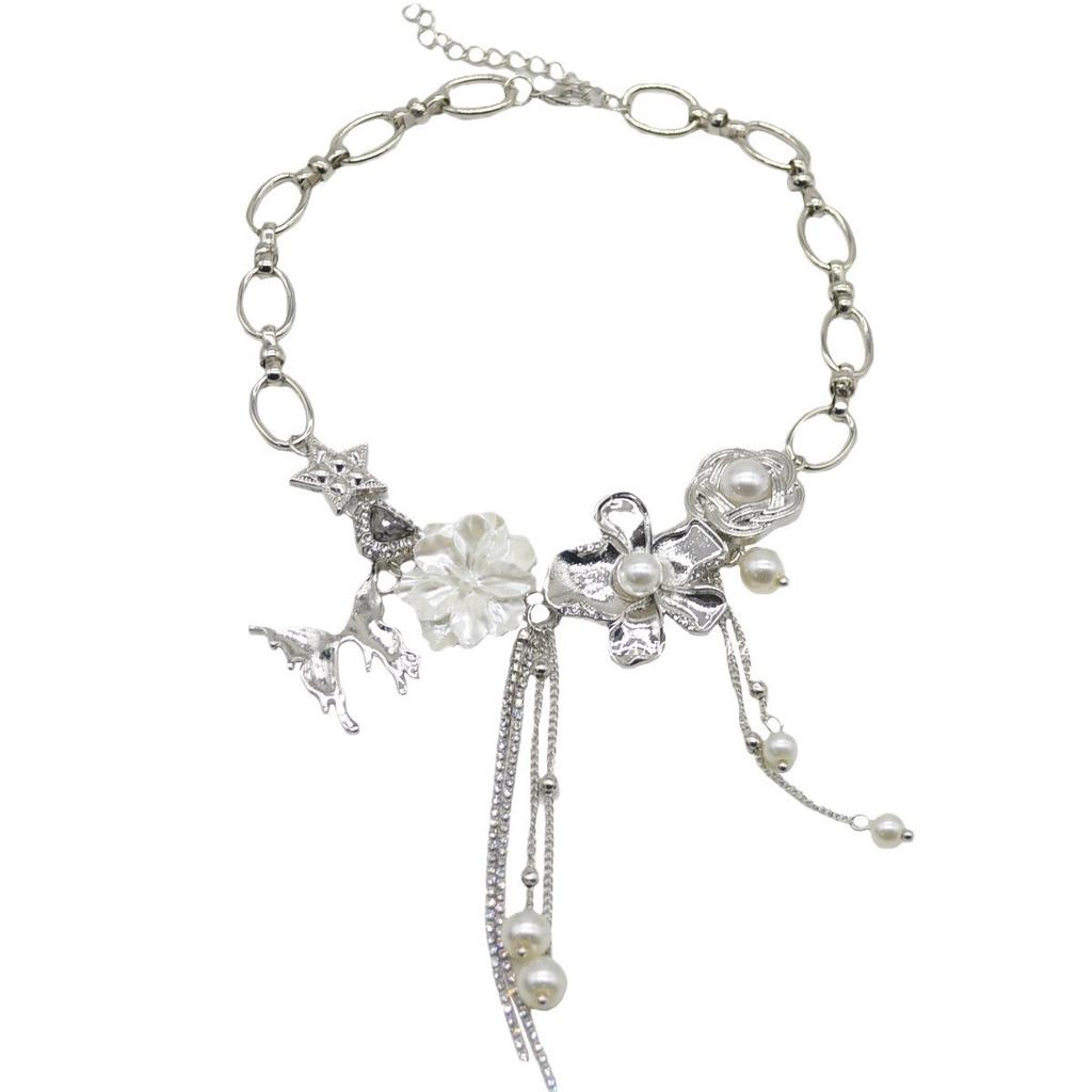 Naszyjnik z pereł vintage, Damski łańcuszek na obojczyk z pękniętych pereł, Łańcuszek na szyję