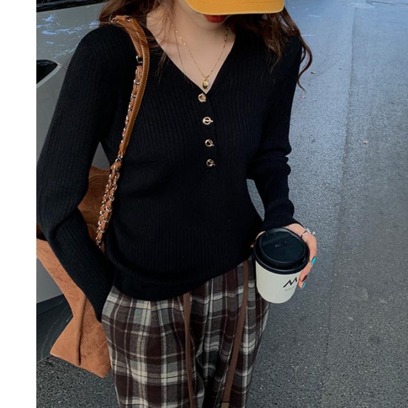 V-neck Fashion Women's Knitted Sweater Pullover Bottoming Shirt Spring Buttons Long Sleeved Top Outside Solid Color Casual Office Elegant Clothing