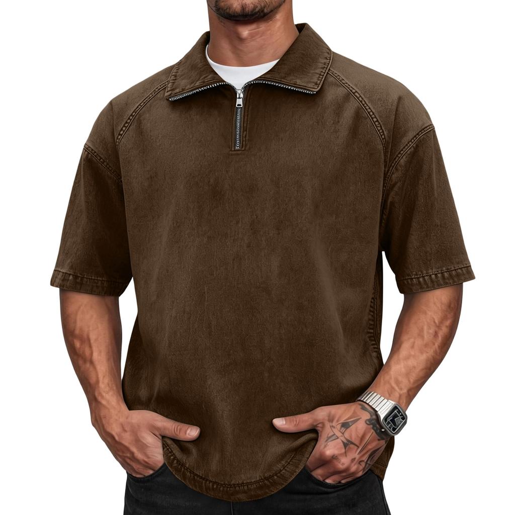 Men's Casual American Style Washed Cotton Vintage Short Sleeve Fitted Polo Shirt with Zip Collar Retro Trendy Design Comfortable Fit