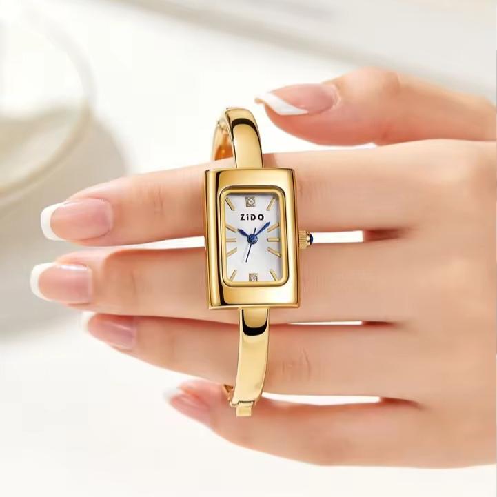 Damen Quarzuhr Goldfarben Rechteckiges Zifferblatt Armband Armbanduhr