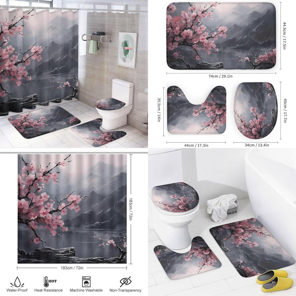 Antique Cherry Blossom Shower Curtain and Rug Set, Waterproof Bathroom Decor with Nature Theme