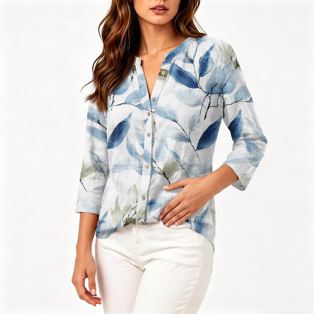 Women Vintage Floral Print Button Down Henley Collar Shirt Three Quarter Sleeve Linen Cotton Blouse Casual Lightweight Top