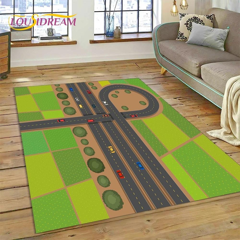 3D Highway Runway Playroom City Traffic Road Map Child PlayMat Rug Carpet for Living Room Bedroom Home Decor,Non-slip for Sofa