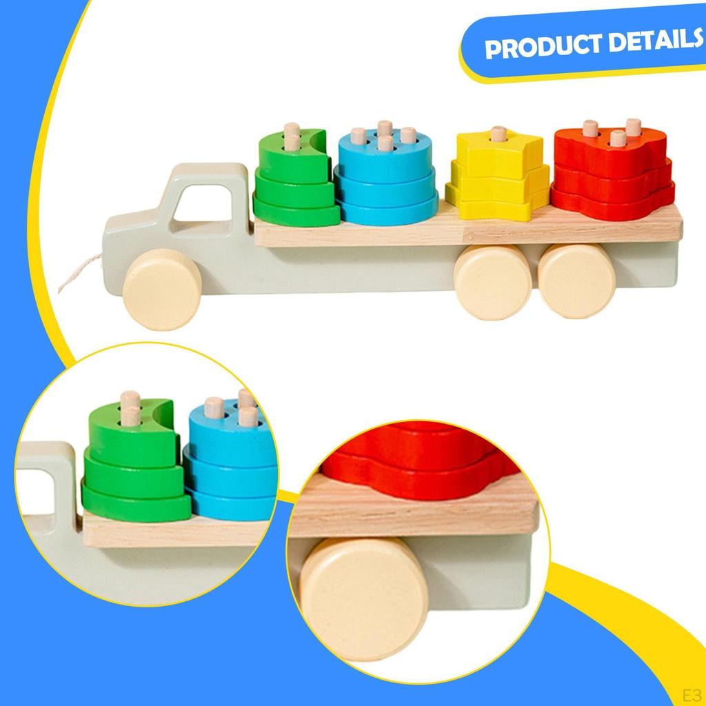 Wooden Building Blocks Vehicle Toy Preschool Shape Sorter Stacking Game Kids