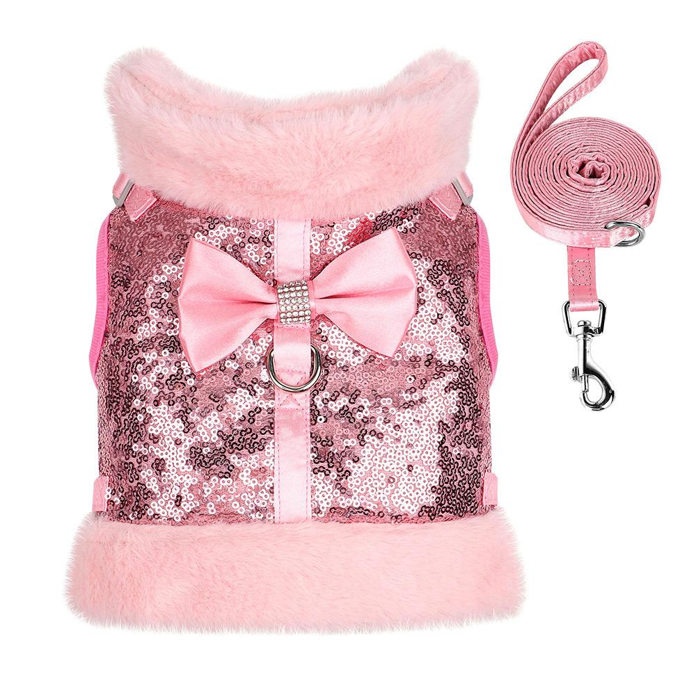 Bling Sequines Dog Harness and Leash Set Warm Fur Winter Dogs Vest Harness For Small Medium Dogs Cats With Cute Bowtie Pink