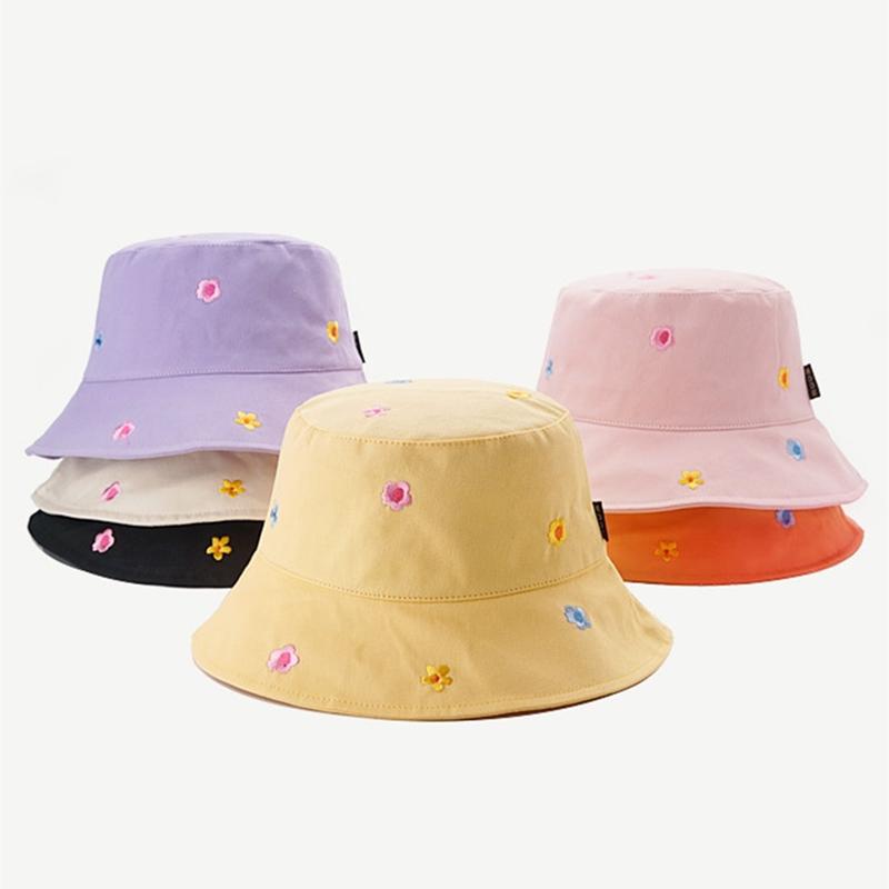 Colorful Flowers Embroidery Bucket Hats For Women Girls Summer Cotton Sunscreen Panama Sun Hat Foldable Outdoor Fisherman Caps