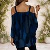 Women Plus Size Off Shoulder V Neck Short Sleeve Blue Black Abstract Print Loose Blouse