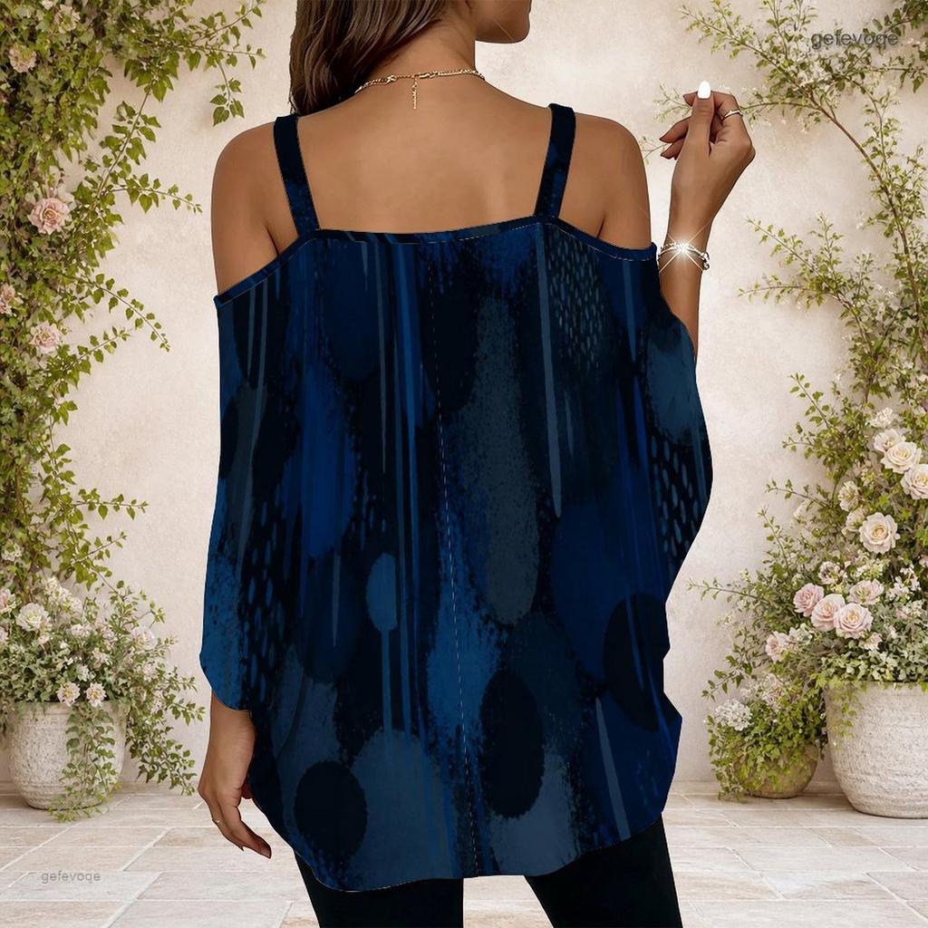 Women Plus Size Off Shoulder V Neck Short Sleeve Blue Black Abstract Print Loose Blouse