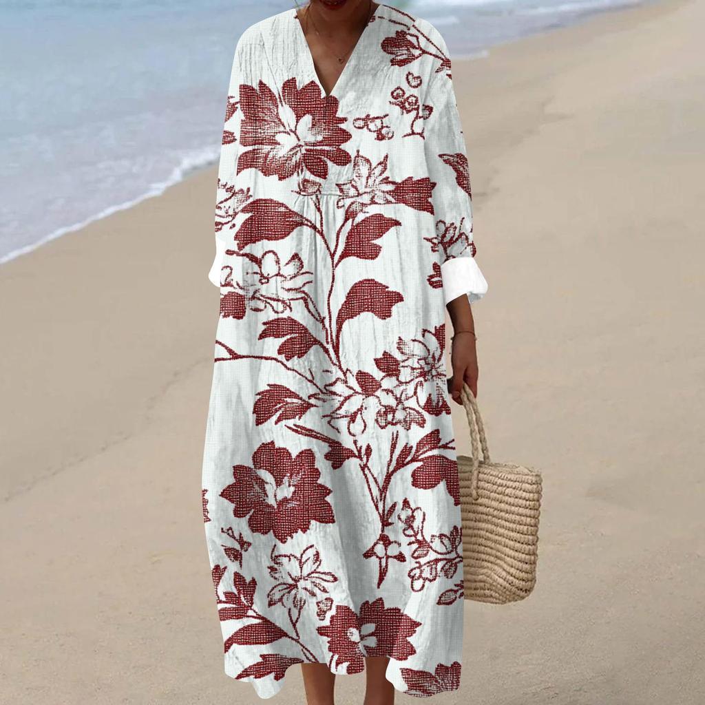 Kadın Günlük Moda V Yaka Uzun Kollu Çiçek Desenli Maksi Elbise
