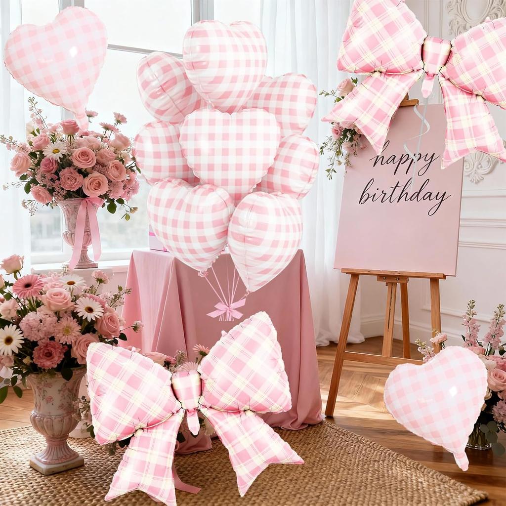 4pcs/Set Pink Checkered Bow Love Balloons Plaid Pattern Baptism Birthday Wedding Festival Party Decoration Festive Photo Props
