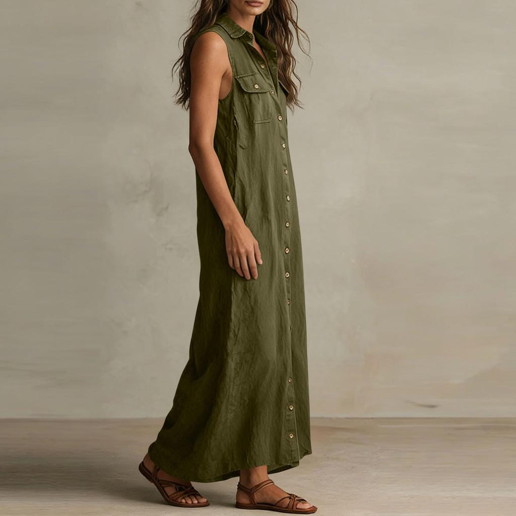 Women Sleeveless Button Down Maxi Dress Loose Fit Bohemian Vacation Beach Dress with Collar and Pockets Linen Blend Casual Sundress