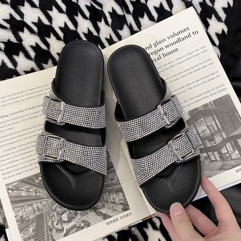 thickbottomed rhinestone oneword slippers women s summer new retro outer wear fashionable versatile softbottomed beach sandals 36