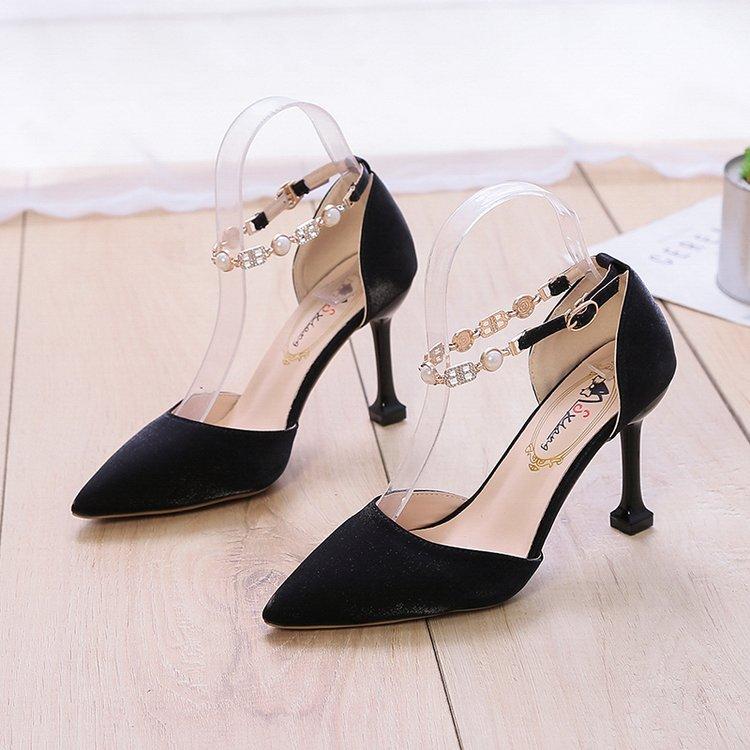 

Spring and summer new Korean version pointed single shoes one-word buckle strap stiletto high heels satin hollow women s shoes 34