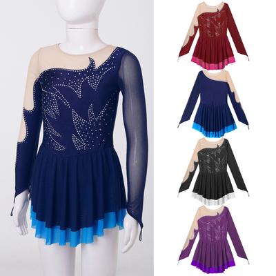 Dance Dresses Girls Sequins Figure Skating Dress Kids Long Sleeve Ballet Dress Gymnastics Leotard Competition Dance Costume