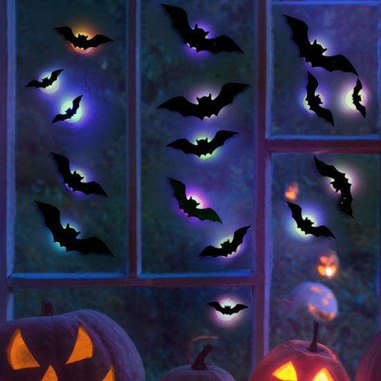 16 Pcs Lighted 3D Bat Sticker LED Halloween Bat Decorative Wall Sticker Light Up Glowing Bat Clings for Bedroom Window Wall Decor