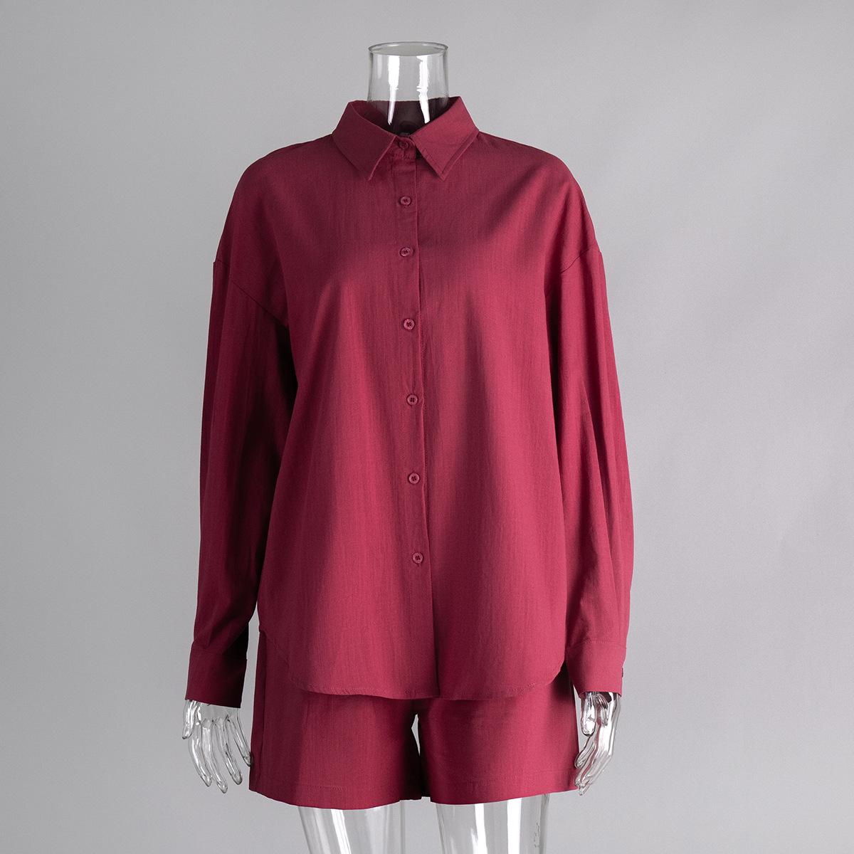 

Women s Pink Long Sleeve Loose Shirt and Shorts Cotton Casual Set L бордовий