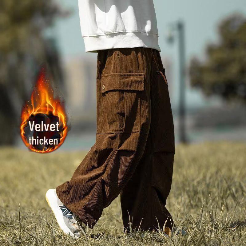 Men's Casual Trendy Army Green Corduroy Overalls - Autumn & Winter Wide-Leg Trousers