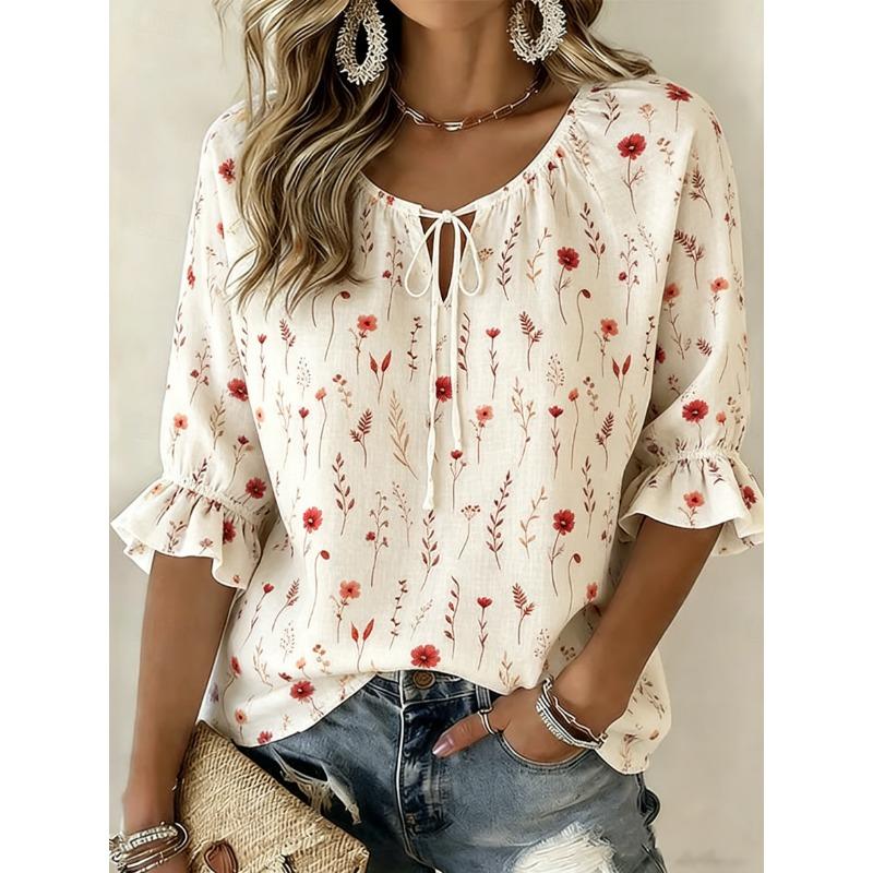 Women's White Ditsy Floral Print Tie Neck Blouse, Casual Loose Tops for Spring Summer Daily Wear Vacation Occasions