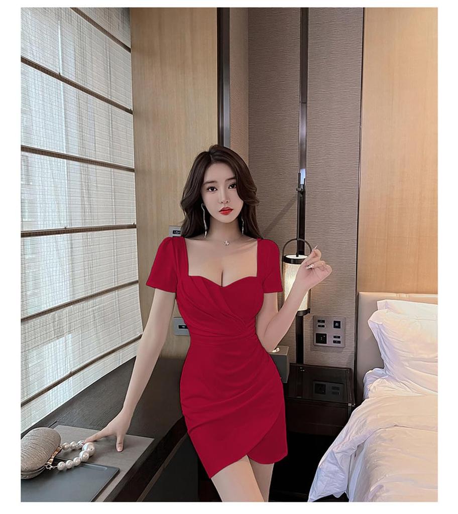 Sexy Mini Bust Cabaret Short Beautiful Bodycon Dress Wine [SDSXZWG] Dress, Body-Shaping, Tight, Sleeves, Neckline, (S, Red)