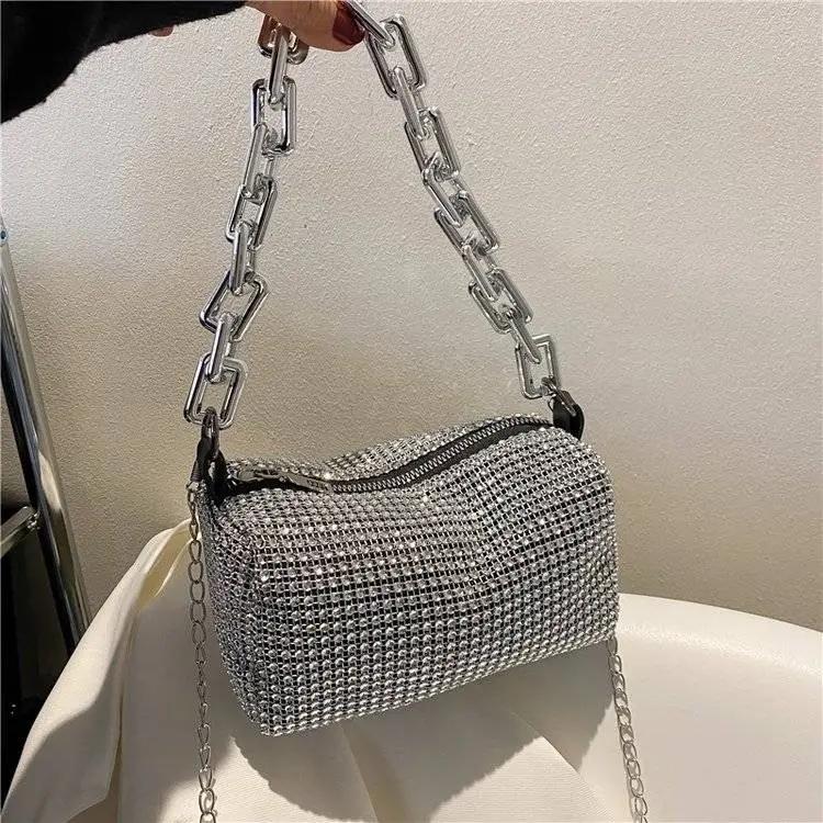 WTEMPO Simple Elegant Casual Rhinestone Silver Black Underarm Bag Women Versatile Party Club Single Shoulder Crossbody Bags Handbags