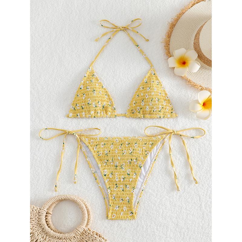 Sexy Halter Bikini Swimsuit Women's Bathing Suits Printing Contrast Color Lace-up 2 Piece Swimwear Women Bikini Set