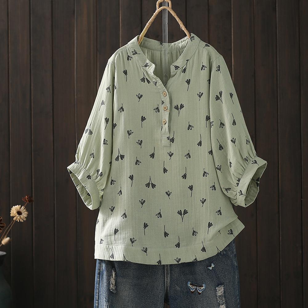 

Literary and Artistic Retro Small V-neck Magnolia Floral Print Mid-sleeved Pullover Shirt Women s Loose Casual Double-layer Cotton Yarn Lining One size зелений