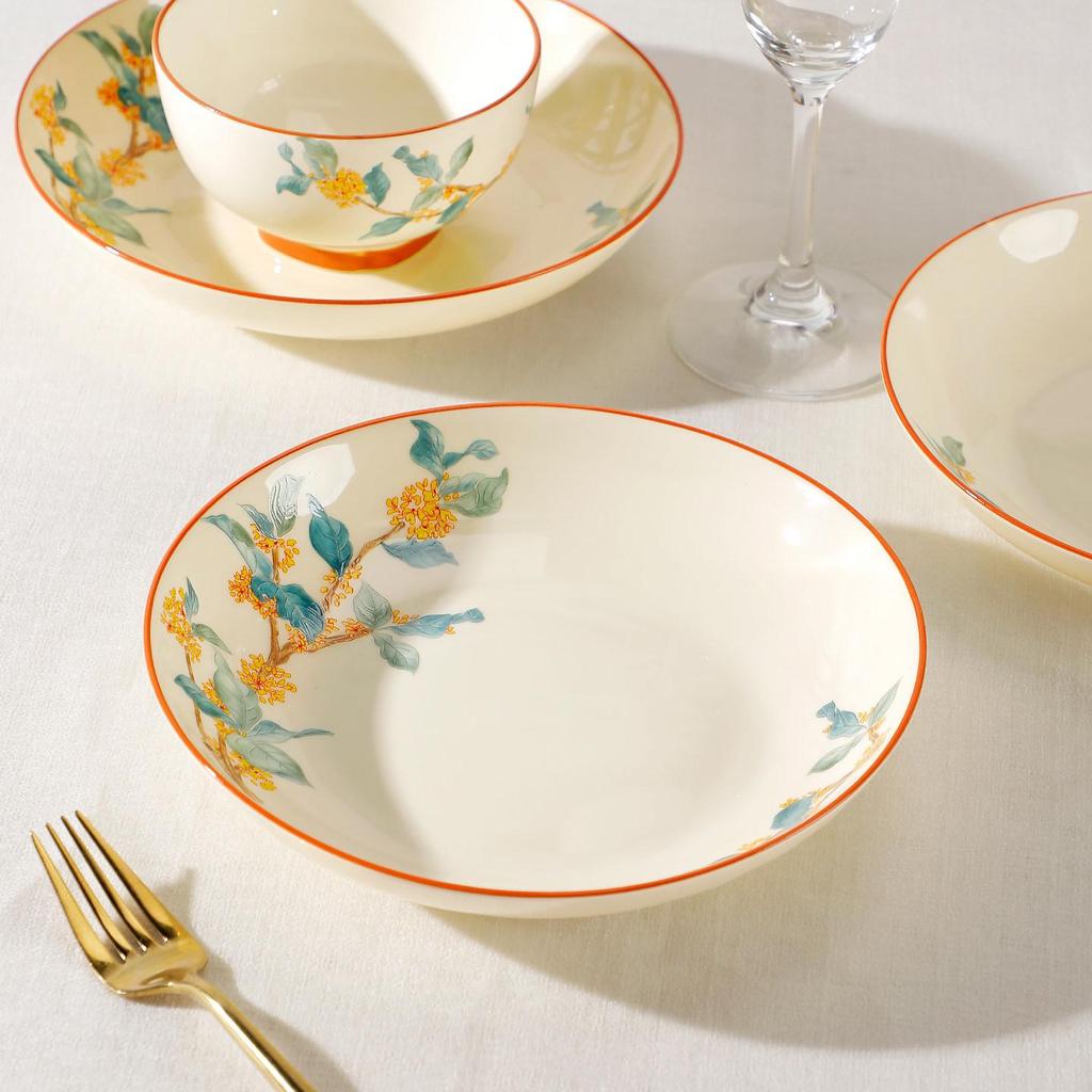 Golden Autumn Osmanthus Ceramic Dinner Plate - Chinese Style Deep Soup and Round Dish 2025 Collection