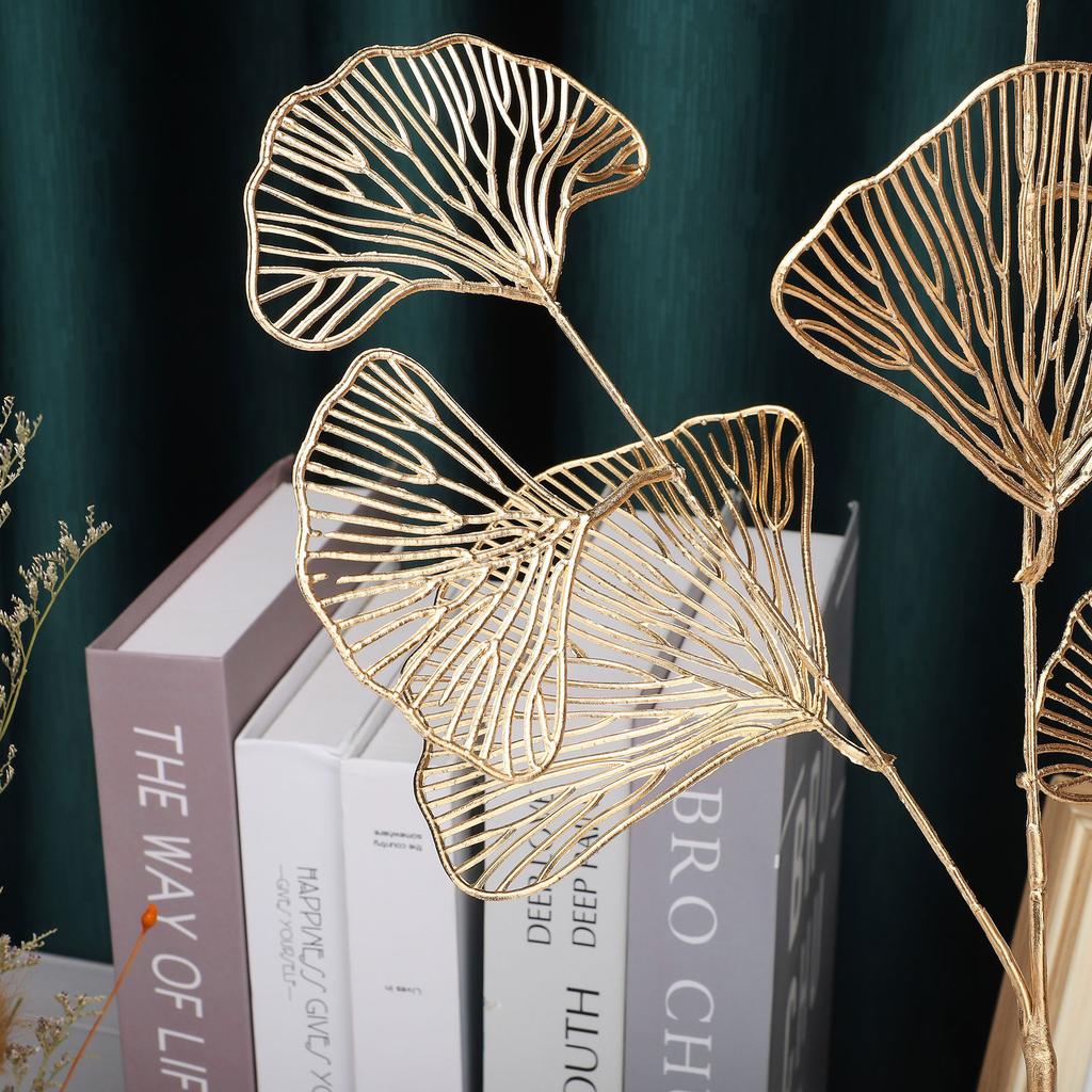 (Warehouse Folded Shipping) 68CM Simulation Plastic Mesh Pattern 3 Forked Golden Fan Shaped Ginkgo Leaf (White and