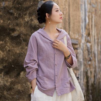 Women Vintage Hooded Shirts Tops Solid Color Blouses Spring Button Pockets Long Sleeve Shrit