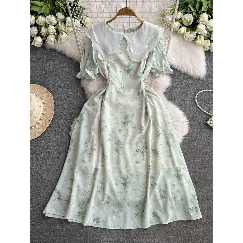 

Chiffon Floral Dress Women s Summer 2024 New Arrival Gentle Doll Collar Elegant Slim Looking A- line Mid-Length Skirt Green One size