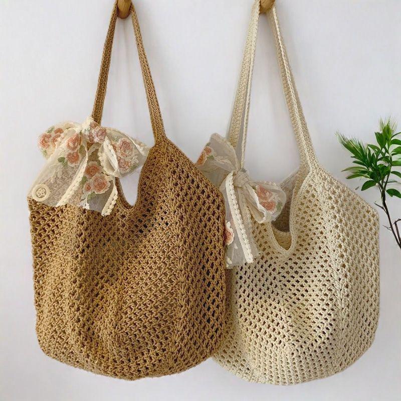 Women's Cotton Thread Knitted Shoulder Tote – Summer Large Capacity Floral Beach Bag