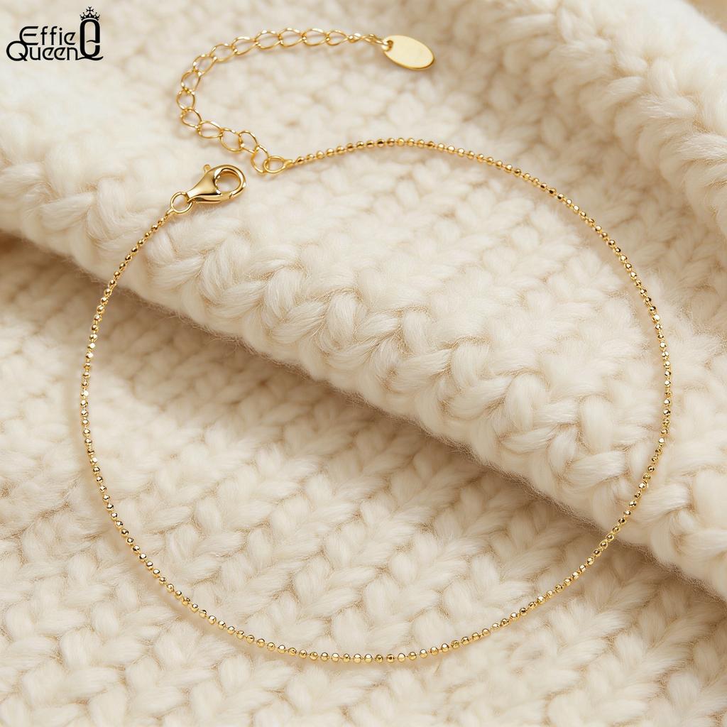 Effie Queen 925 Pure Silver 14k Gold 1mm Beads Ball Chain Anklet Simple Jewelry for Women Summer Beach Banquet Party Gift SA80
