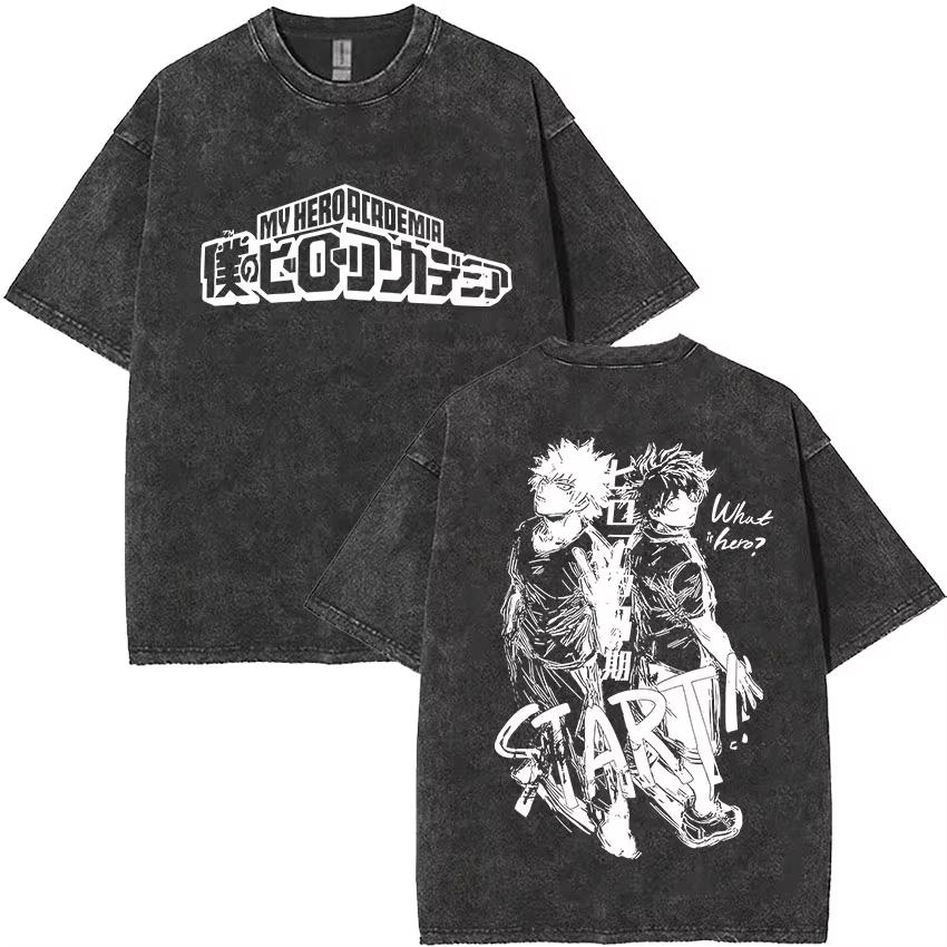 My Hero Academia T-shirt, Washed Cotton Tee with Deku & Bakugou "What Is A Hero?" Double Sided Art Print, Oversized Streetwear