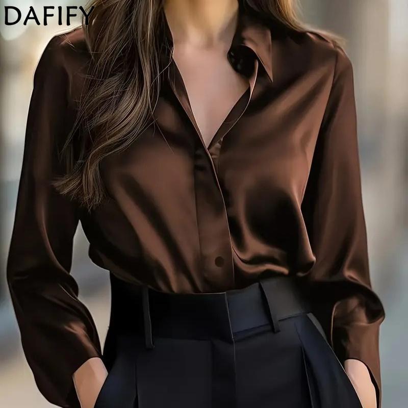 DAFIFY Women's Fashion Casual Spring Autumn Solid Color Print Long Sleeve POLO Neck Blouses & Shirts