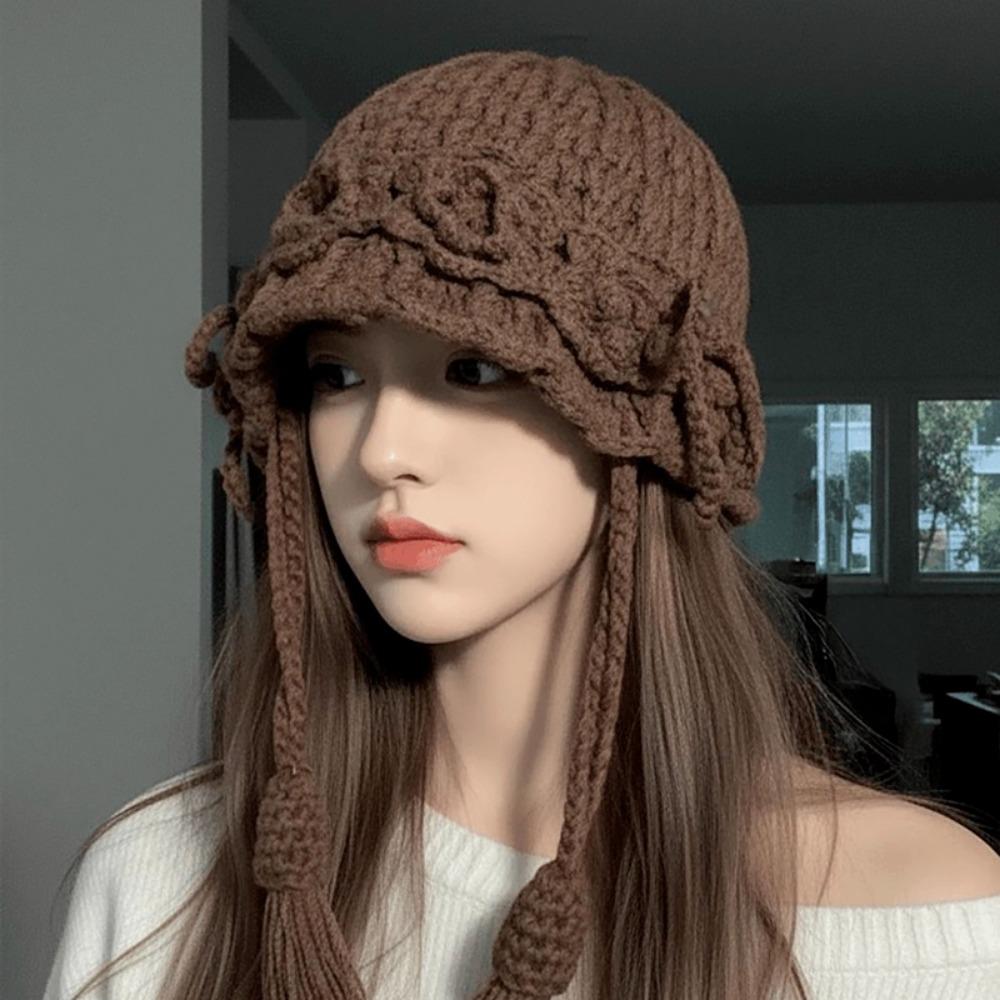 Ladies' Hats New Hand-Knitted Floral Braid Knit Hat for Women Retro Warm and Stylish Fringe Hat Trendy