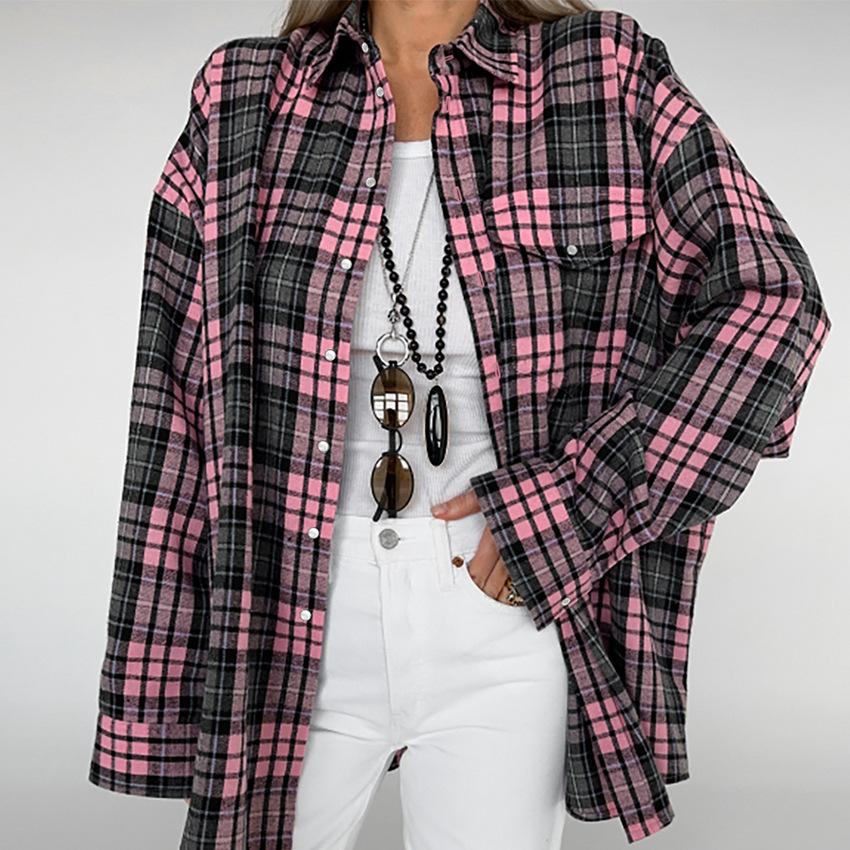 Autumn Fashion Wear Minimalist Loose Lapel Shirt Russian Classic Plaid Long-sleeved Shirt Women's Clothing